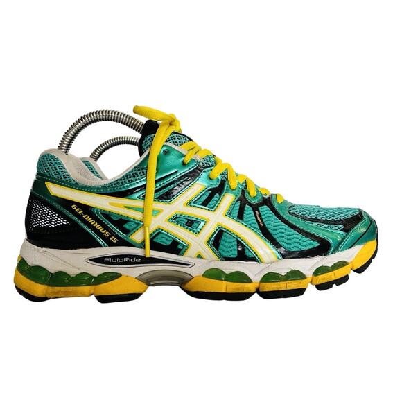 Asics Sz 8 1/2 Gel Nimbus 15 Running Sports Shoes Teal & Yellow - Picture 2 of 8